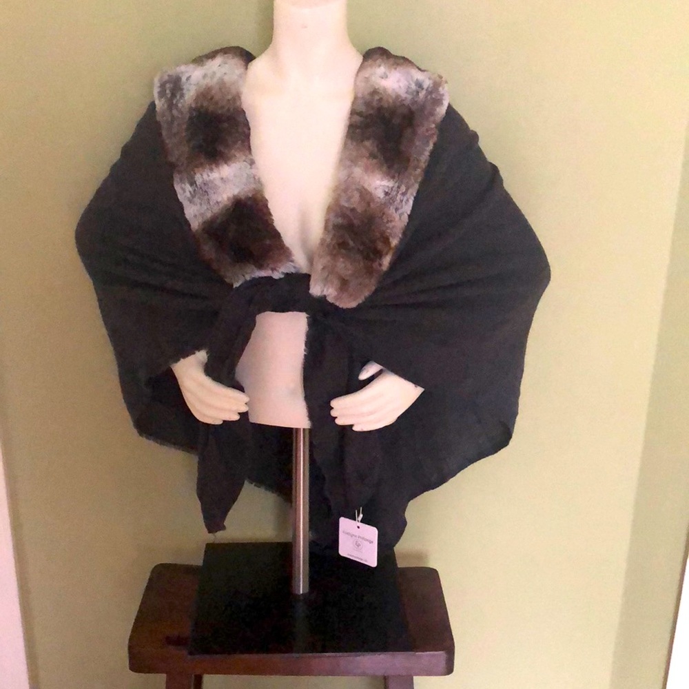Evelyn Prelonge Faux Fur and Cashmere Square Stole or Shawl. France. 57”x57” NWT